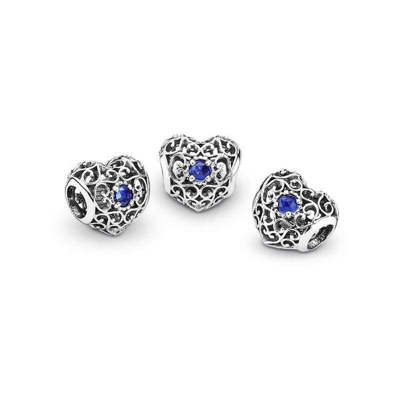 Pandora September Signature Heart Charm - Sterling Silver/Blue/Synthetic Sapphire - Canada | UO4819Y